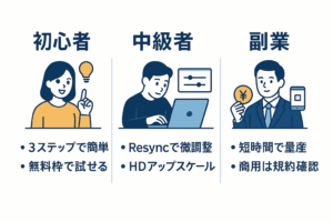 alt="Dreamina AIの利用者タイプ比較：初心者は3ステップで簡単・無料枠で試せる／中級者はResyncとHDアップスケールで品質向上／副業は短時間量産と商用規約確認"