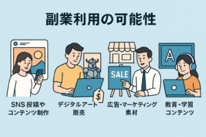<img src="生成した画像のURL" alt="Krea AIの副業利用の可能性を図解（SNS投稿、デジタルアート販売、広告マーケティング素材、教育コンテンツ制作）" />
