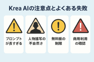 <img src="生成した画像のURL" alt="Krea AI利用時の注意点とよくある失敗を図解（プロンプトが長すぎる、人物描写の不自然さ、無料版の制限、商用利用の確認）" />
