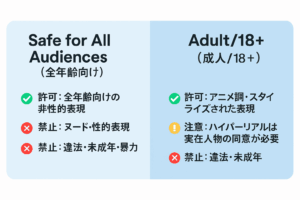 alt="PatreonにおけるAI美女イラスト投稿可否の比較図（全年齢向けとAdult/18+を左右に並べ、許可・注意・禁止の項目を箇条書きで示す横長インフォグラフィック）"
