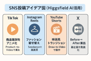 Higgsfield AIを活用したSNS投稿アイデア図（ロゴ不使用・横長）。TikTok：商品開封（Product-to-Video）／Instagram Reels：ファッション着せ替え（Seedance）／YouTube Shorts：映画風トランジション（Draw-to-Video）／X：Before→After動画・商品特性を短文で。中央配置・上下左右に余白あり。
