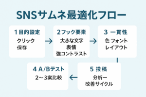 SNSサムネ最適化フロー：目的設定→フック要素（大きな文字・表情・強コントラスト）→一貫性（色・フォント・レイアウト）→A/Bテスト（2〜3案比較）→投稿（分析と改善サイクル）