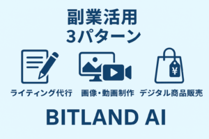 <img src="bitland-ai-sidehustle-3patterns.png" alt="ビットランドAI副業活用3パターン：ライティング代行・画像動画制作・デジタル商品販売を示す横長図解">
