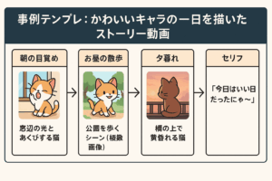 AI画像生成による猫キャラクターの一日を描いた短尺動画ストーリーのフローチャート図（朝〜昼〜夕方〜セリフ）