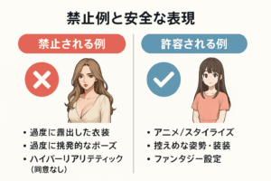 alt="PatreonでのAI美女コンテンツの禁止例と安全な表現を比較した横長インフォグラフィック（禁止：過度な露出や挑発的ポーズ・同意なしのハイパーリアル／許容：アニメ調・控えめな姿勢と装い・ファンタジー設定）"
