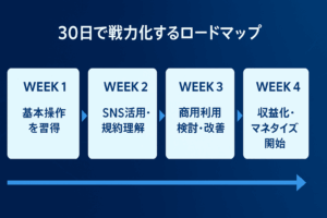 Manus.AIを30日で活用するロードマップ｜基本操作から商用利用・収益化までの流れを横長フローチャートで図解
