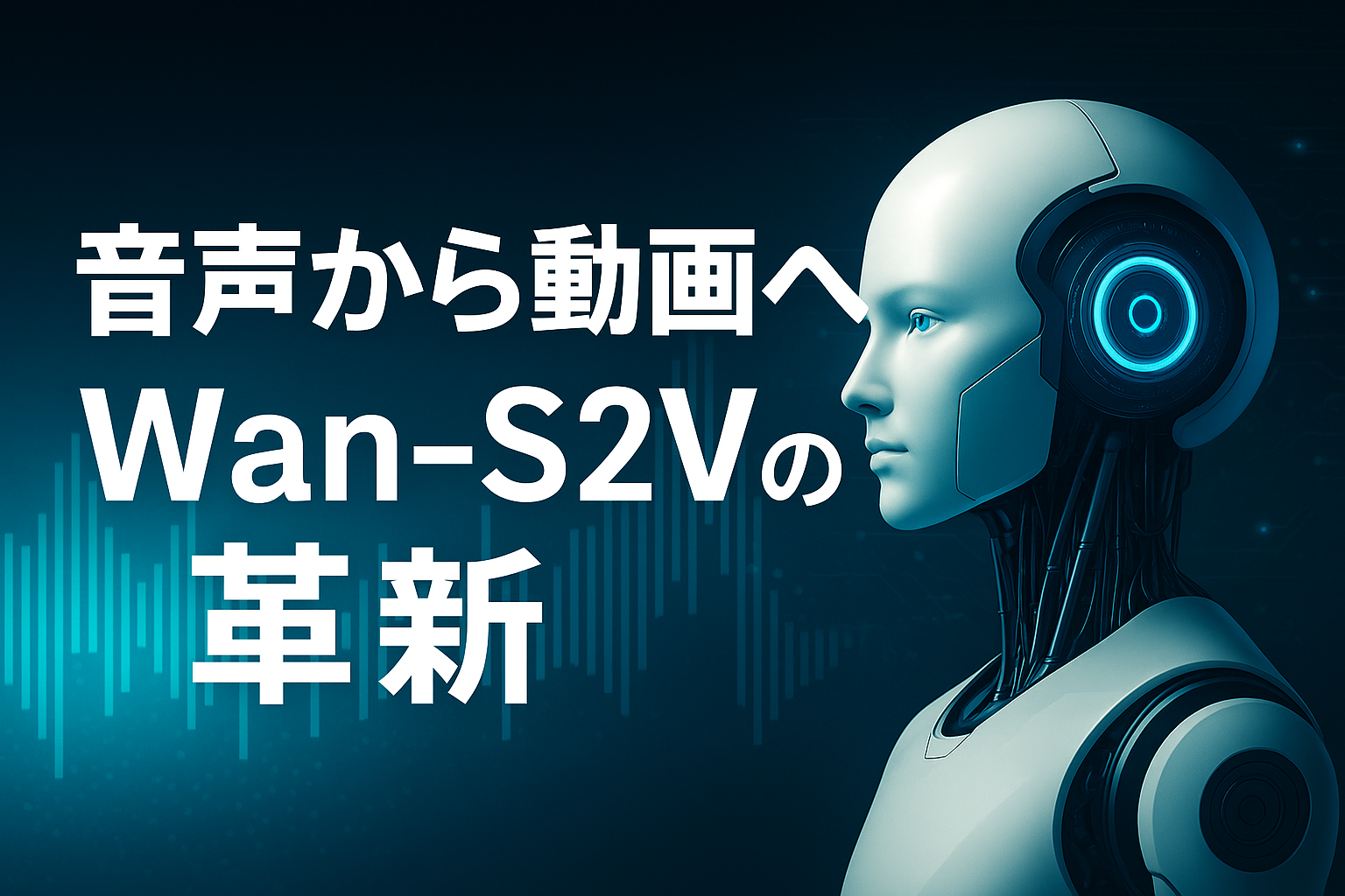 Wan-S2Vアイキャッチ画像。音声から動画を生成する革新的AI技術を表現した横長デザイン。左にテキスト「音声から動画へ｜Wan-S2Vの革新」、右にAIロボットのビジュアル