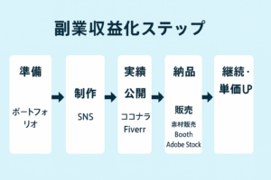 画像生成AIの副業収益化ステップを示した図解。準備、制作、実績公開、納品・販売、継続・単価アップまでの流れを中央揃えでわかりやすく説明。
