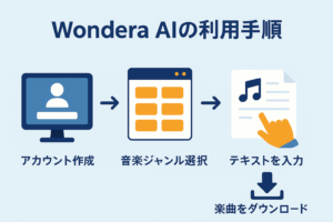 Wondera AIの利用手順を解説したフロー図。アカウント作成から音楽ジャンル選択、テキスト入力、楽曲ダウンロードまでのステップを示す。