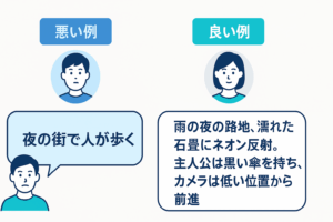 Boba VideoにおけるAIアニメ動画生成の良いプロンプトと悪いプロンプトの比較図。悪い例は曖昧な指示、良い例は環境や光・動きまで具体的に記述された例を示す
