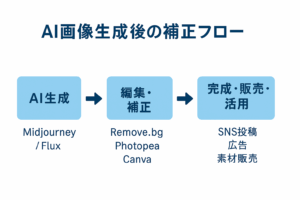 AI画像生成後の補正フローを示した図解。生成から編集・補正を経て、SNS投稿や広告、素材販売に活用する流れを中央揃えでわかりやすく紹介。
