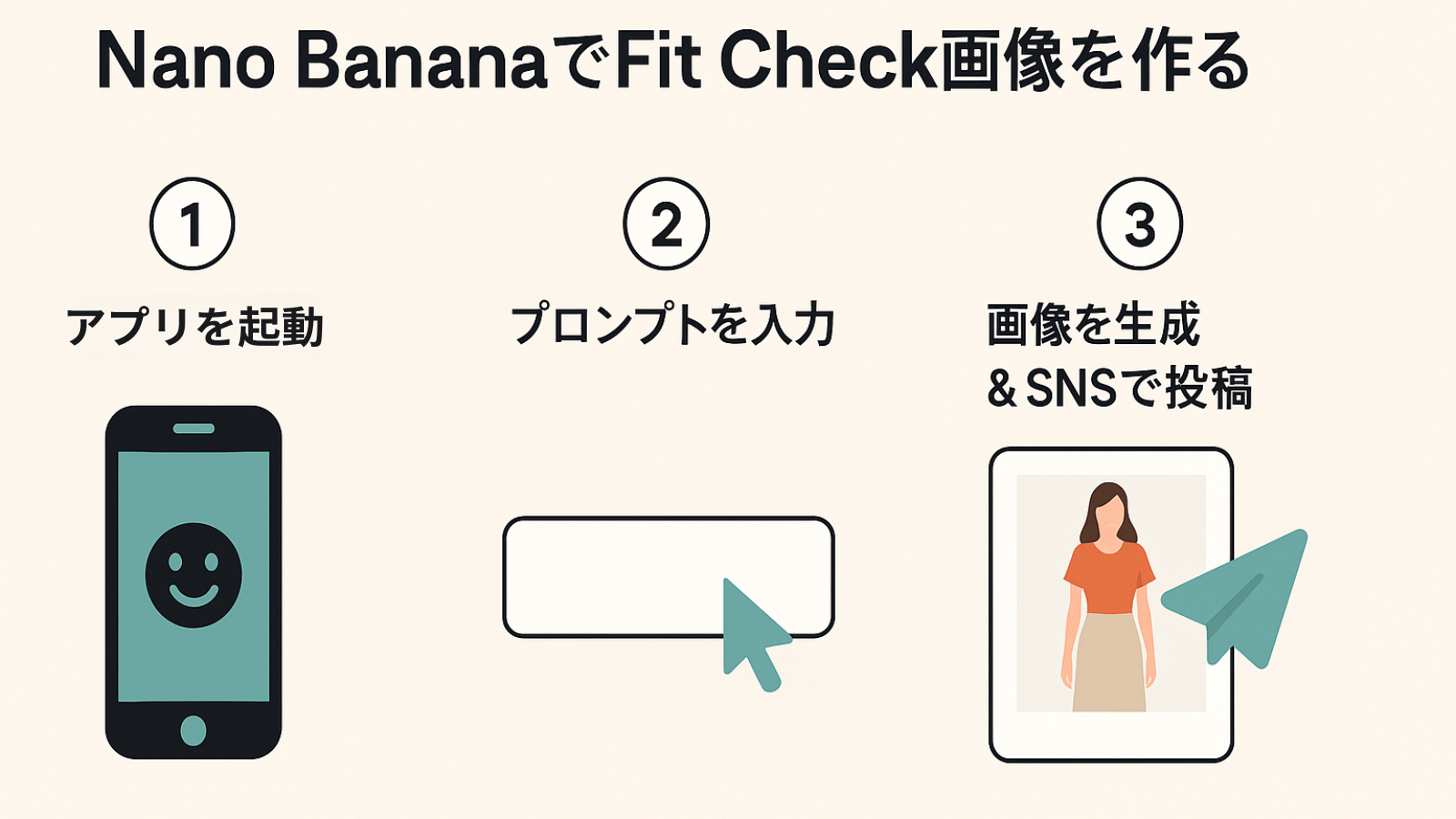 Nano Bananaを使ったバーチャル試着の3ステップ：アプリ起動、プロンプト入力、画像生成とSNS投稿の流れを図で示す。