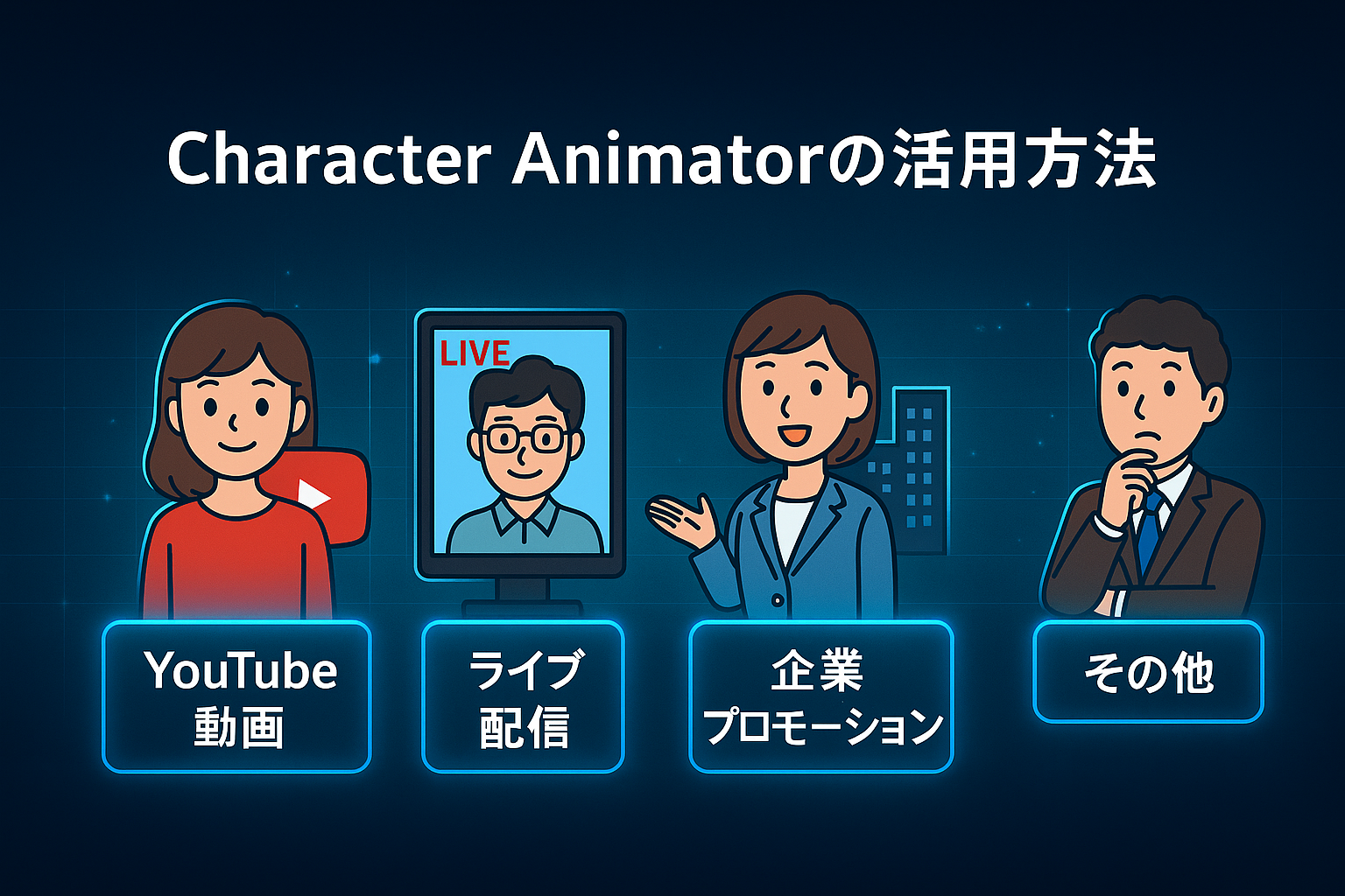 Character Animatorの活用方法を図解｜YouTube動画、ライブ配信、企業プロモーション、その他の用途を16:9の横長画像で視覚的に紹介