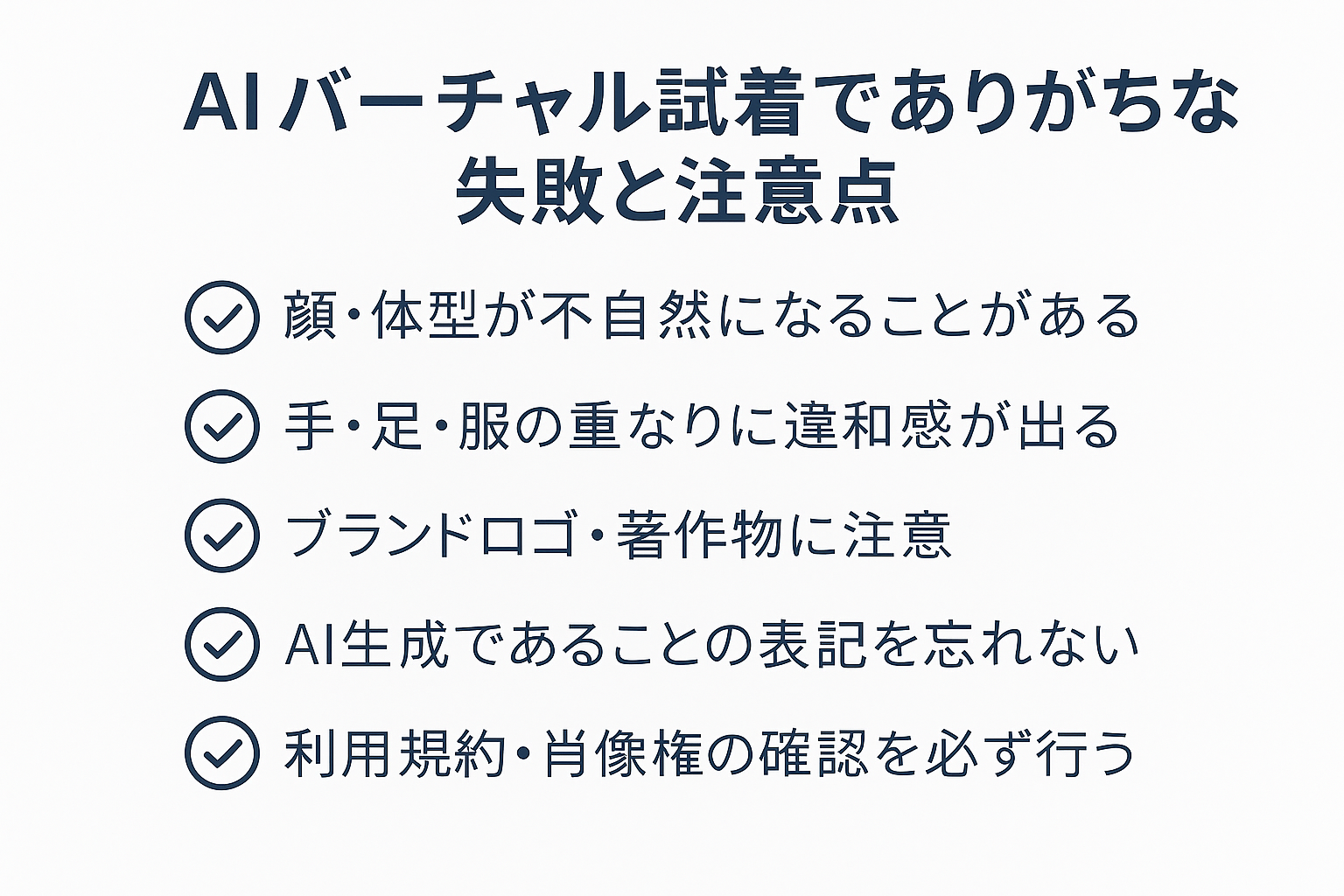 AIバーチャル試着で起こりやすい失敗と注意点をまとめたチェックリスト：体型の不自然さ、服の重なり、著作権や利用規約の確認などを図解。