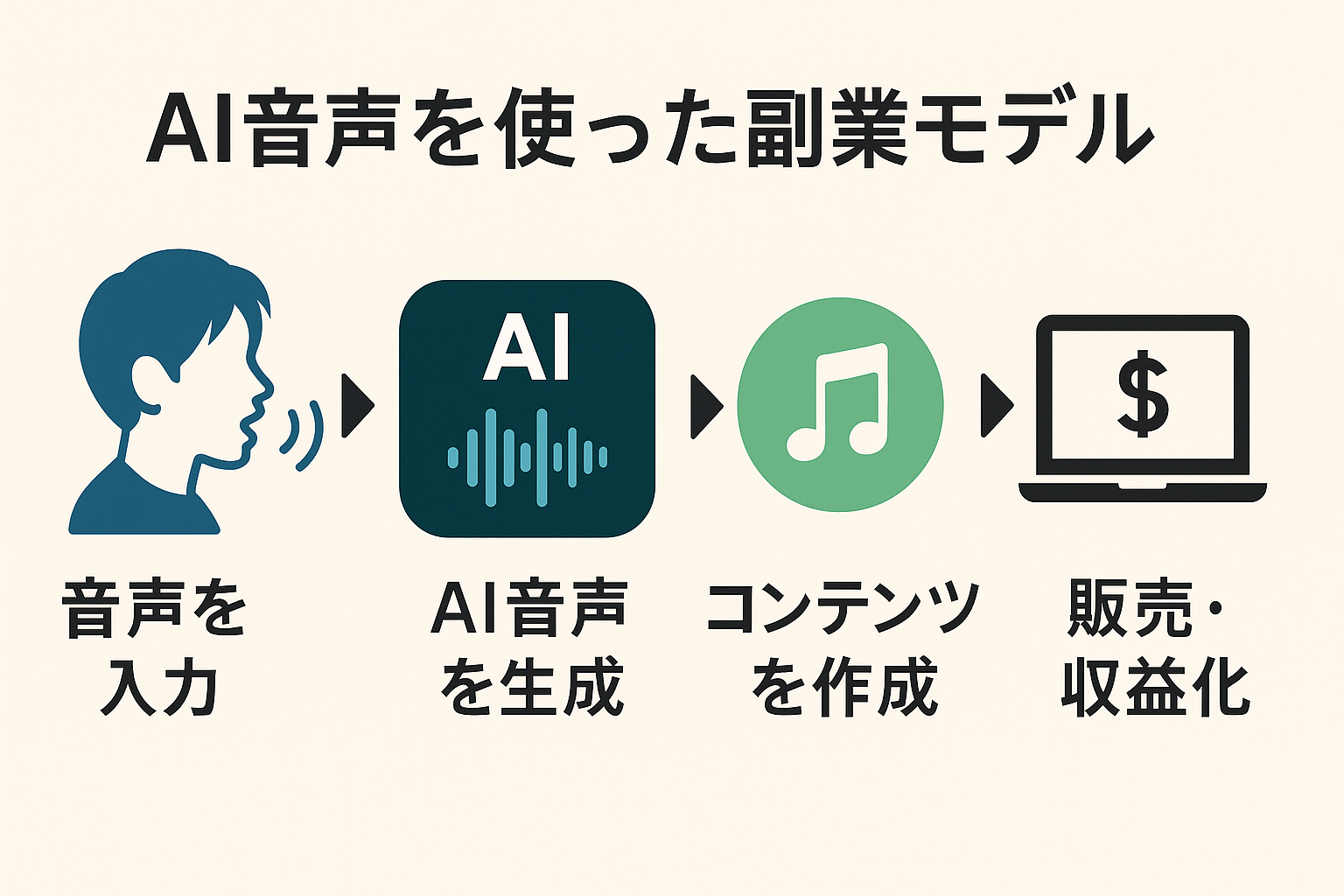 AI音声を使った副業モデルの図解。AI音声生成からコンテンツ制作、販売・収益化までの流れを示すフロー。