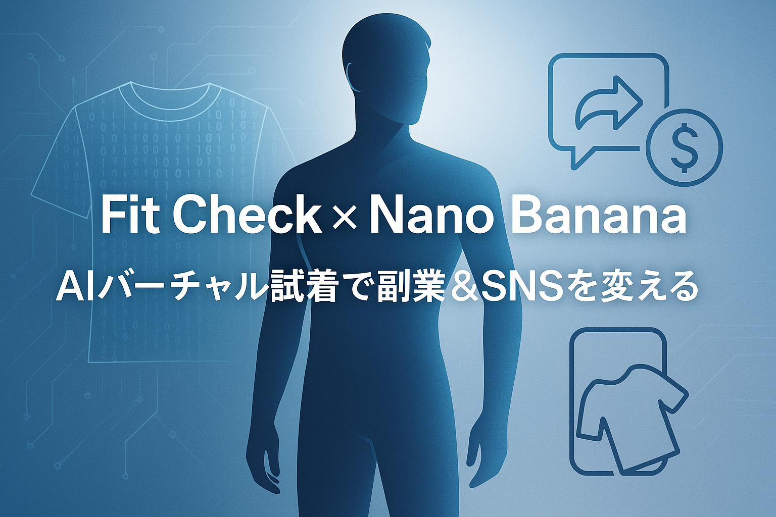 Fit Check×Nano BananaをテーマにしたAIバーチャル試着のコンセプト画像。副業やSNS活用を象徴する未来的でスタイリッシュなデザイン。