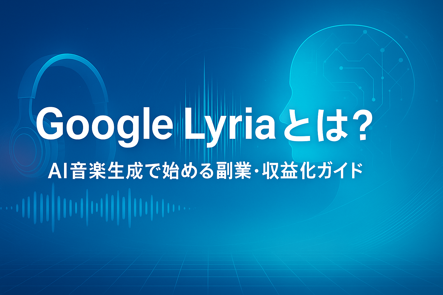 Google Lyriaを紹介する記事のアイキャッチ画像。AIが音楽を生成し、副業や収益化に活用できる未来的なイメージをブルー系デザインで表現。