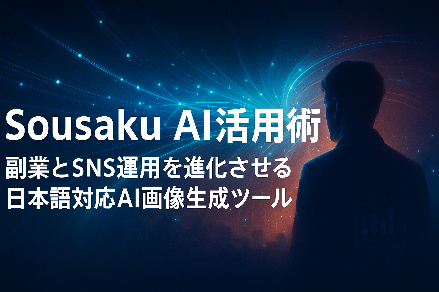Sousaku AI活用術のアイキャッチ画像。AIネットワークの光とデータラインを背景に、日本語対応のAI画像生成ツールが副業やSNS運用を進化させることを示した視認性の高い近未来ビジュアル。