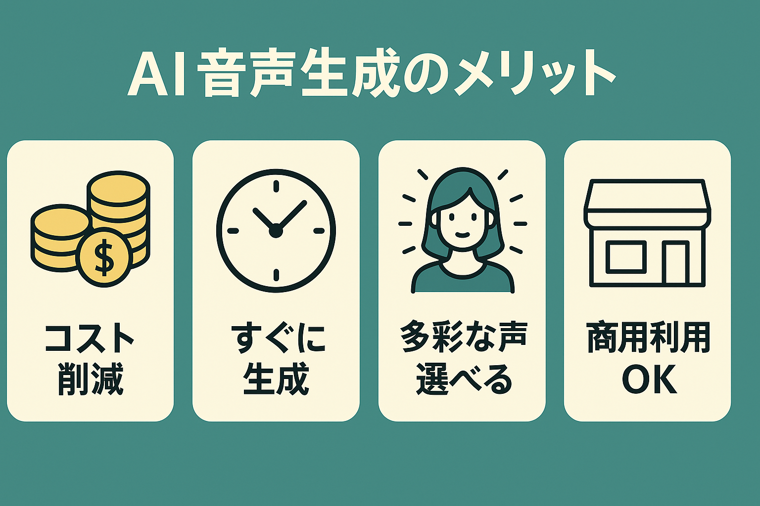 AI音声生成の4つのメリットを示す図。コスト削減・即時生成・多彩な声の選択・商用利用OKをわかりやすく表現。