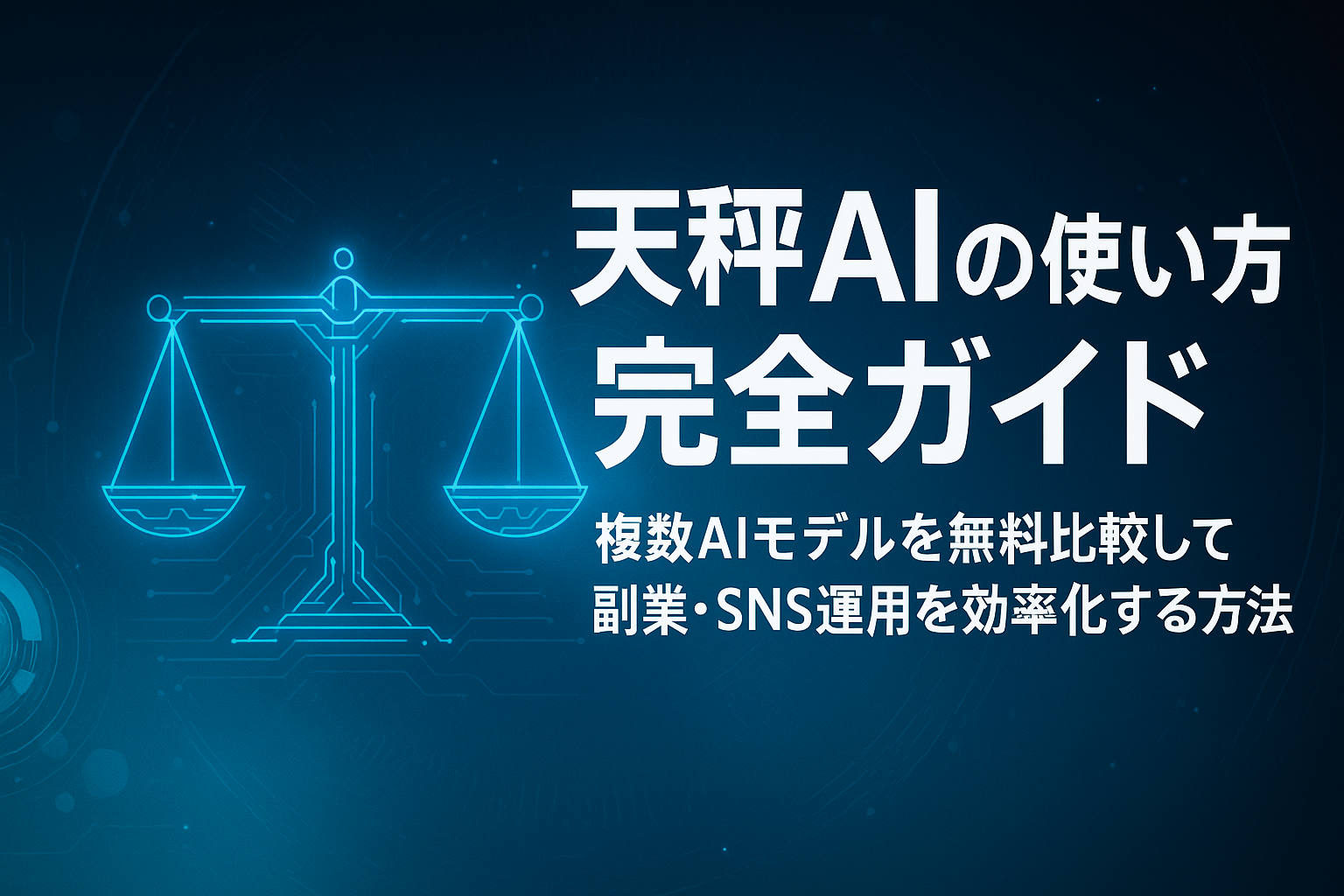 天秤AIの記事用アイキャッチ画像。中央に天秤のシルエットを配置し、AIの比較・効率化・副業活用をテーマにしたスタイリッシュな横長ビジュアル。文字が中心に収まり、上下左右に余白を取ったデザイン。
