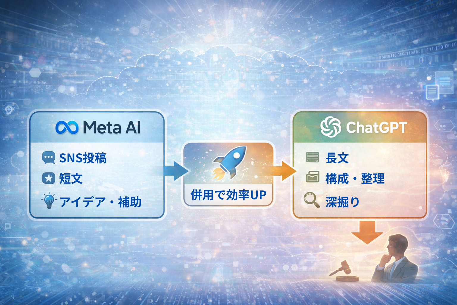 Meta AIとChatGPTの使い分け図。Meta AIはSNS投稿や短文アイデア出しに強く、ChatGPTは長文構成や論理整理に強いことを比較した図解。