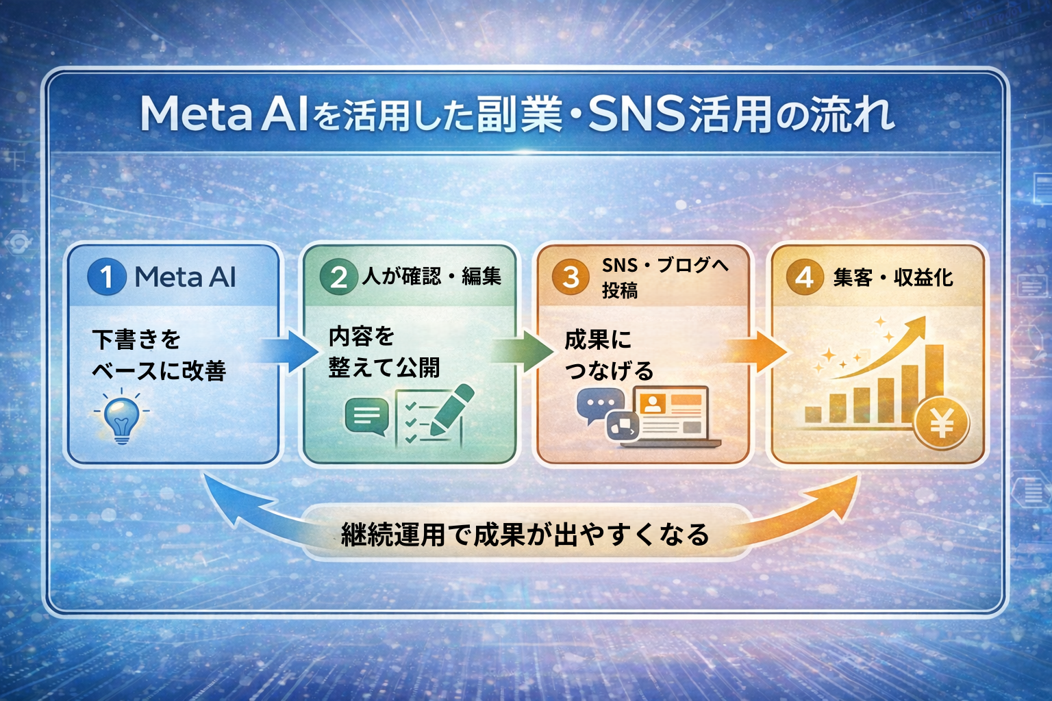 Meta AIを活用した副業・SNS運用フロー図。アイデア出しから投稿作成、発信、分析・改善までの流れを視覚的に整理。