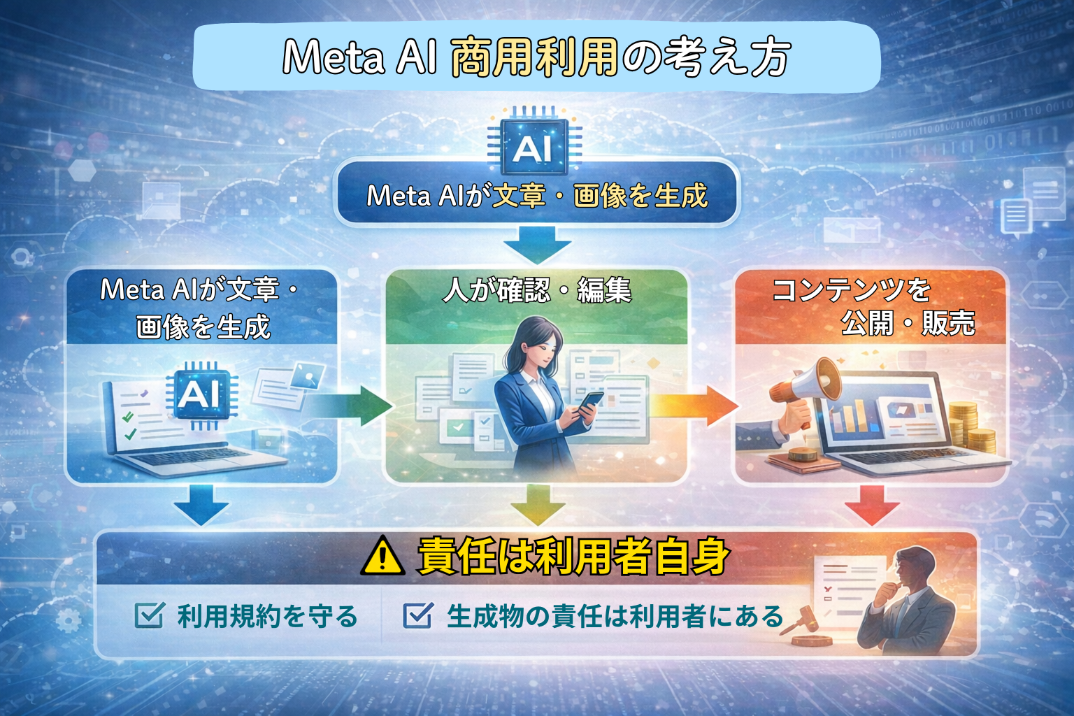 Meta AIの商用利用フロー図。AIが文章や画像を生成し、人が内容を確認・編集した上で公開・販売を行い、最終的な責任は利用者自身が負う流れを図解。